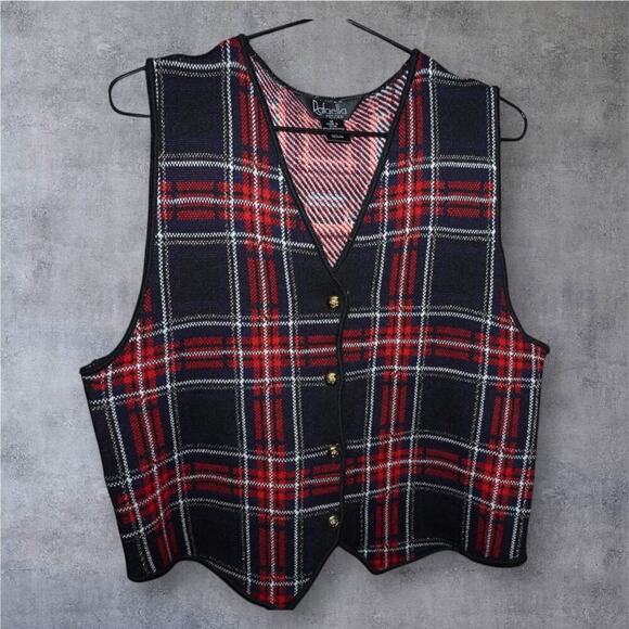 Rafaella Petites Red Navy Plaid Wool Blend Vest - Size M - Button Front Vintage - Picture 2 of 6
